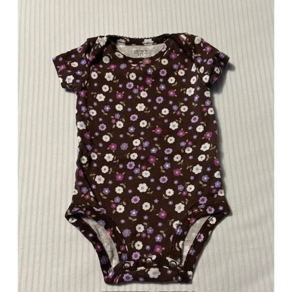 Carters size 3 months one piece bodysuit, dark brown with multi colored flowers